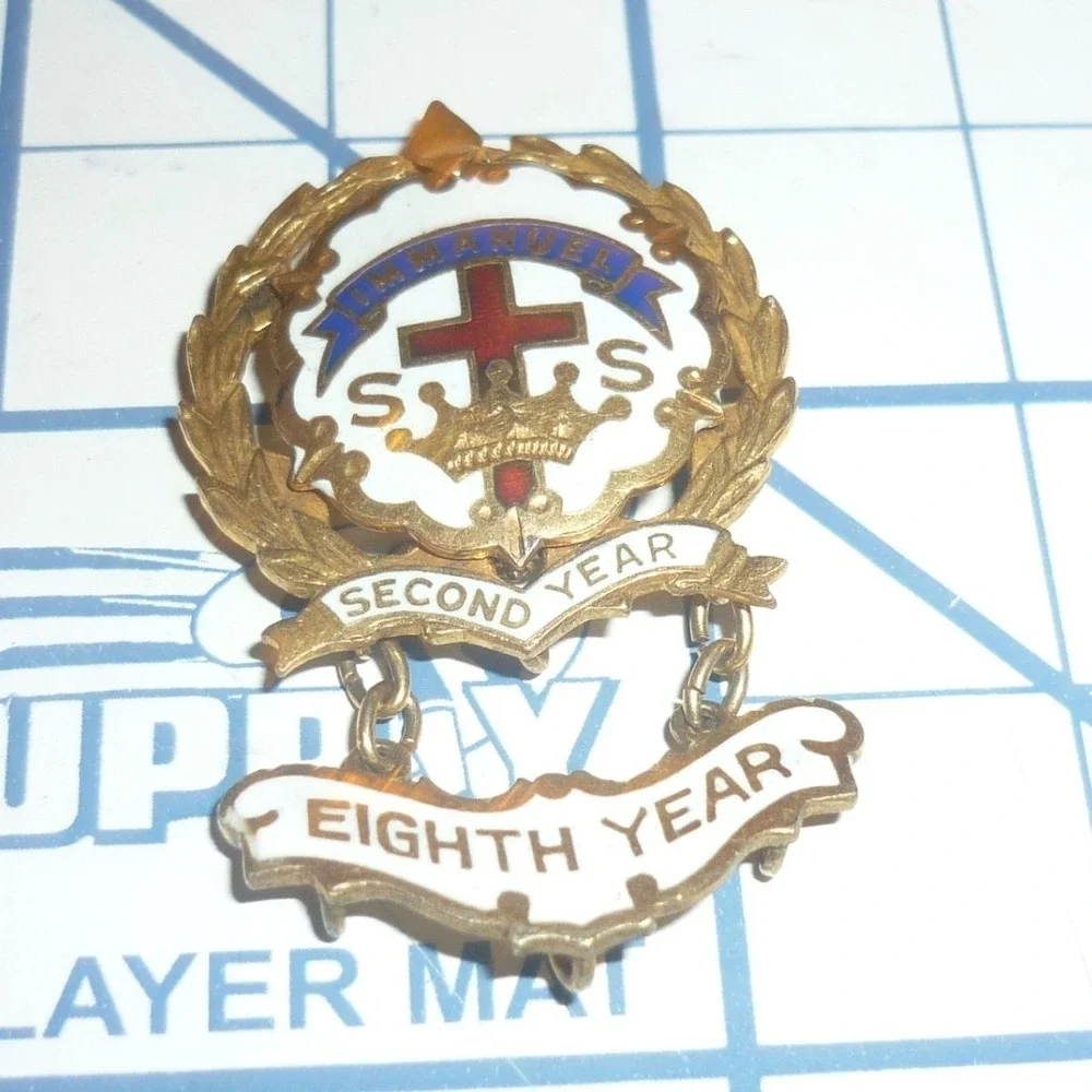 Vintage Immanuel Sunday School Pin Second & Eighth Year Enamel Cross Award